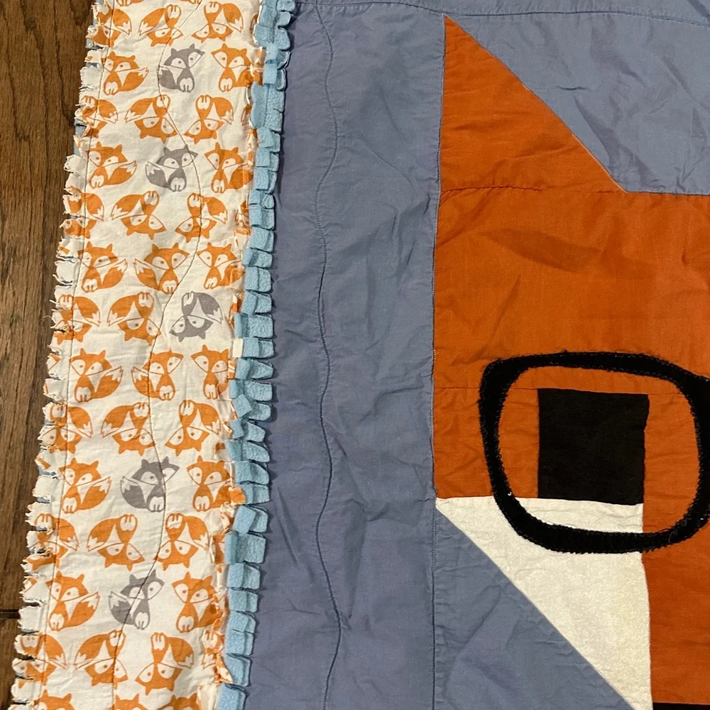 Handmade Fox Wearing Glasses Baby Blanket Quilt 36x42” Blue Orange Foxes